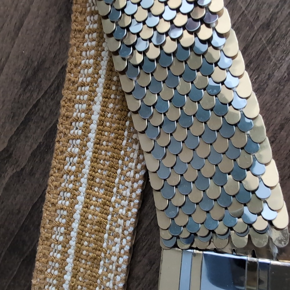 Vintage Two Tone Metal Scale Mesh Stretch Belt Gold Silver 80s Satatement Retro - Picture 5 of 9